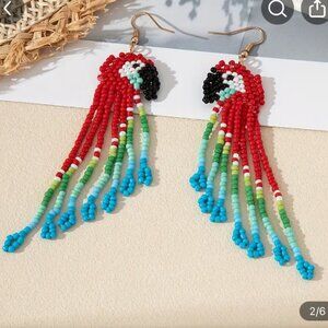 Long Beaded Earrings, Red Parrot